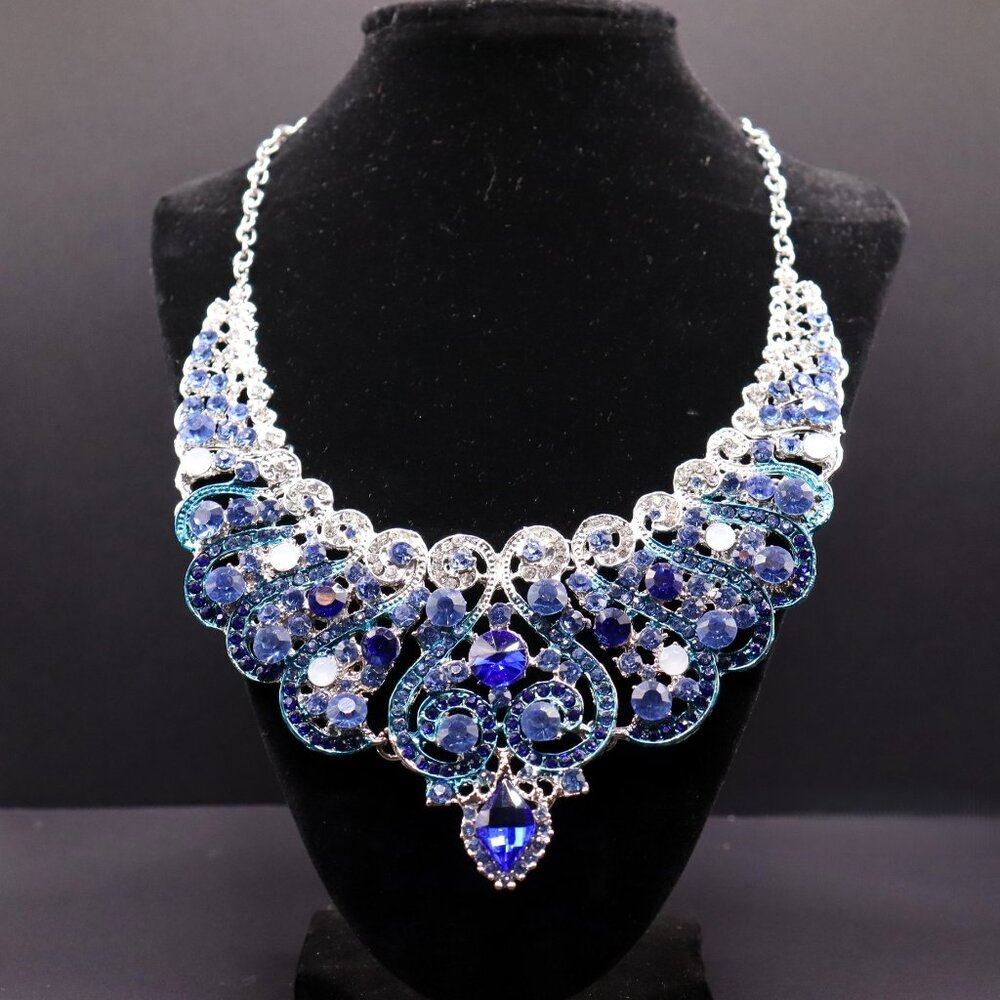 Royal Blue Rhinestone Bib Necklace & Earring Set – Sapphire Showstopper 💙 - Picture 2 of 2